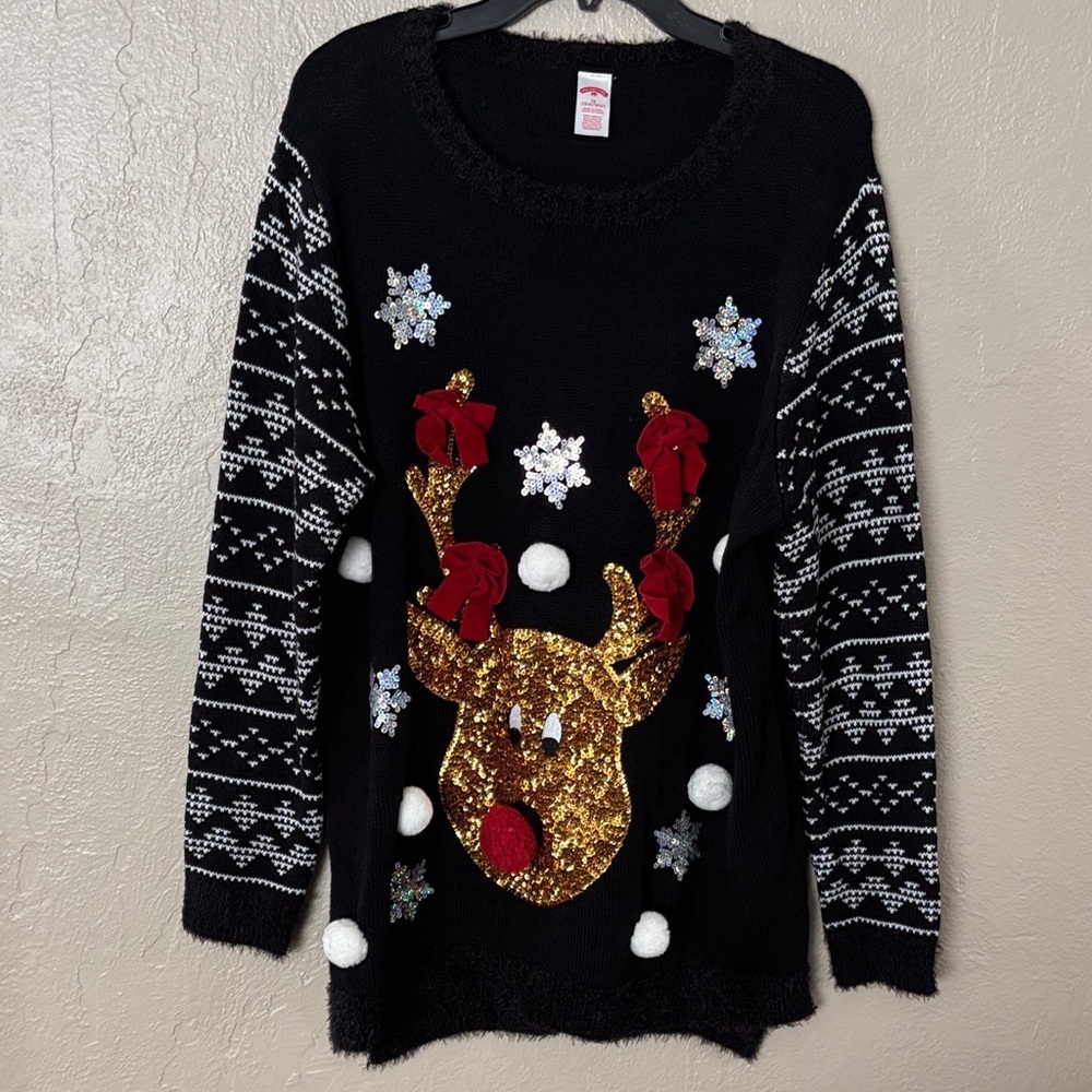 Christmas Reindeer Ugly Holiday Sweater Women’s Plus 1X (16W/18W) Black